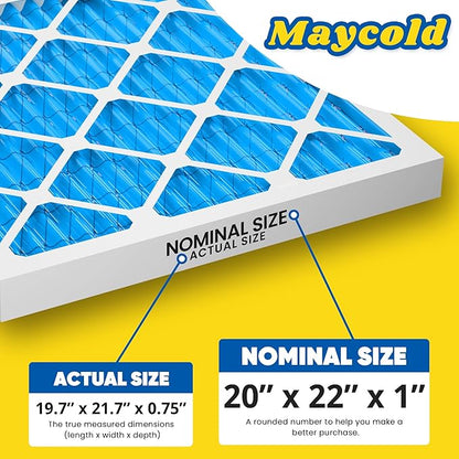 Maycold 20x22x1 MERV 11 Furnace Air Filter (6-Pack), High-Performance HVAC AC Filters for Home Use, Actual Size: 19.70” x 21.70” x 0.75”, Individually Wrapped in Plastic