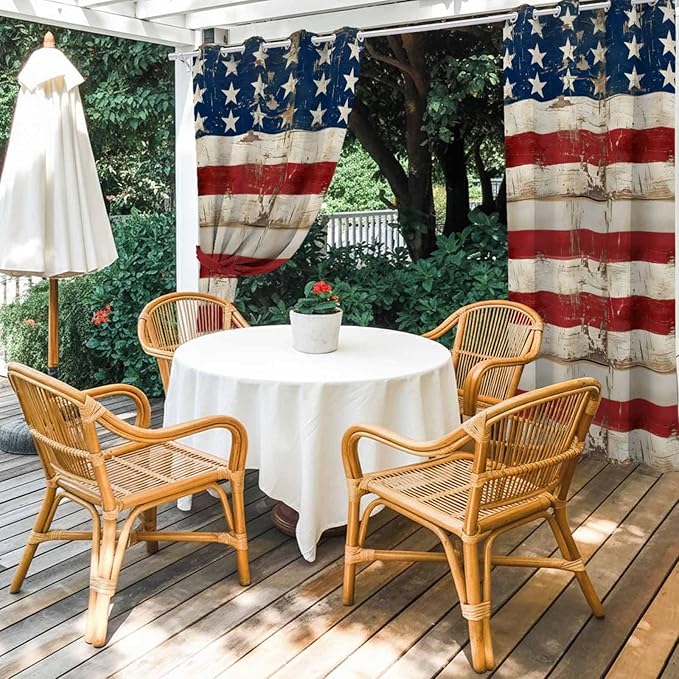 4th of July Outdoor Curtains for Patio USA Flag Independence Day Vintage Waterproof Outside Curtains with Grommet Top Weatherproof Curtain for Cabana Pergola Gazebo, 1 Panel, 54" W x 108" L