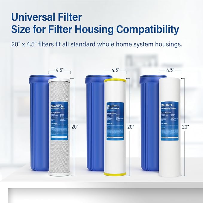 4.5 * 20” 3 Stage Whole House Water Filter Set, Compatible with SimPure DB20P-3, iSpring WGB32B-KS, F3WGB32BKS, HQUA WF3-01, Express Water FLTWH2045CGS1, Pack with PP, GAC and CTO Filter, 1 Set