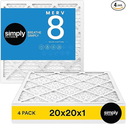 Simply 20x20x1 Air Filter, Merv 8, MPR 600, 4 Pack, Furnace Air Filter for HVAC (Actual Size: 19.75"x19.75"x0.75") DUST, Pet, & Allergy Control