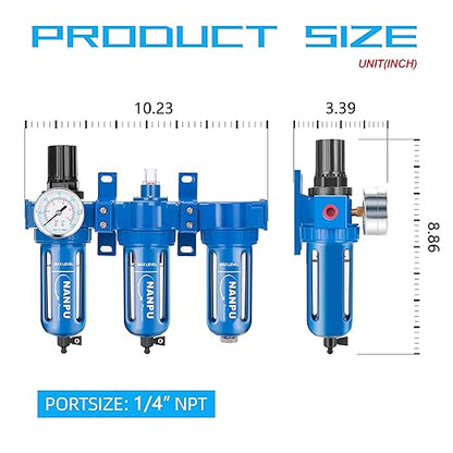 NANPU Zinc Alloy 3 Stage Air System - Particulate Filter, Coalescing Filter, Desiccant Dryer & Air Regulator, Poly Bowl, Manual Drain, Mid Flow, Suitable for Paint Spray & Plasma Cutter (1/4" NPT)