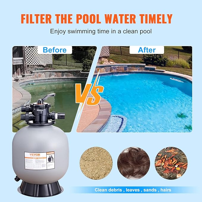VEVOR 22 Inch Sand Filter, Up to 55 GPM Flow Rate, Above Inground Swimming Pool Sand System with 7-Way Multi-Port Valve, Filter, Backwash, Rinse, Recirculate, Waste, Winter, Closed Functions, Grey