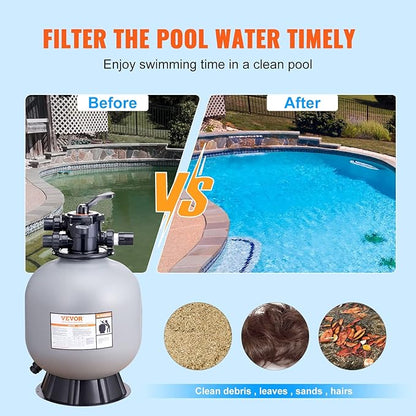 VEVOR 22 Inch Sand Filter, Up to 55 GPM Flow Rate, Above Inground Swimming Pool Sand System with 7-Way Multi-Port Valve, Filter, Backwash, Rinse, Recirculate, Waste, Winter, Closed Functions, Grey