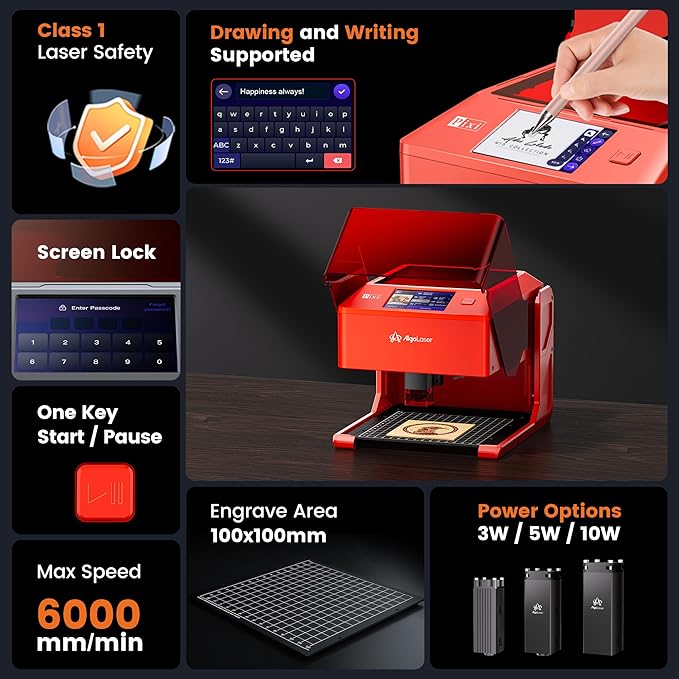 AlgoLaser 10W Smart Laser Engraver Machine, Class 1 Portable Laser Cutter with Built-in AlgoOS System, No Computer Required, Laser Engraving Machine for Metal, Wood, Acrylic, Leather.