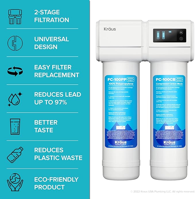 KRAUS Purita 2-Stage Carbon Block Under-Sink Water Filtration System with Digital Display Monitor, FS-1000, White