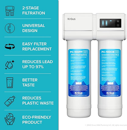 KRAUS Purita 2-Stage Carbon Block Under-Sink Water Filtration System with Digital Display Monitor, FS-1000, White