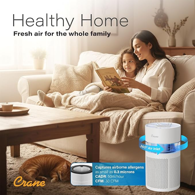 Crane True HEPA Air Purifier with Ambient Night Light and Aroma Tray, Covers Up to 200 sq ft, Quiet Air Cleaner for Bedroom, Nursery, Dorm, or Office, Removes Dust, Pollen, Smoke, and Pet Dander