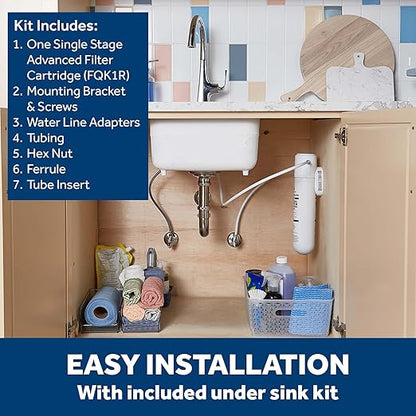 GE Single Stage Under Sink Water Filtration System, Reduces 95+ Impurities Including Lead, Chlorine, Arsenic, & PFOA/PFOS, Easy Installation with Included Kit, Twist & Lock Design, GXK140TNN