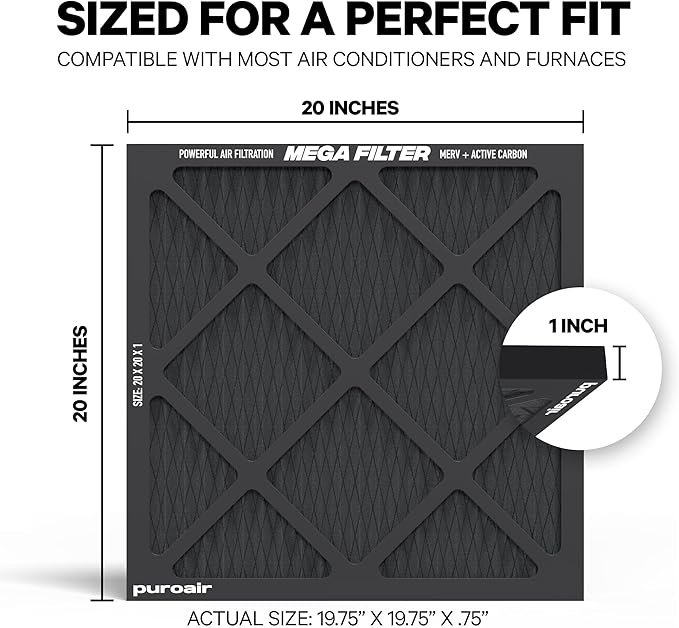 PuroAir MegaFilter - 20x20x1 Air Filter MERV 13 Activated CarbonTech Defense - Heavy Duty 3 Layer Furnace Filters Allergens, Pollen, Dust, Pet Dander, Smoke, Odors - HVAC Air Filter 20x20x1 (1-Pack)