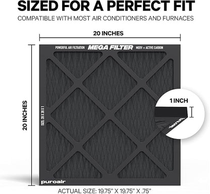 PuroAir MegaFilter - 20x20x1 Air Filter MERV 13 Activated CarbonTech Defense - Heavy Duty 3 Layer Furnace Filters Allergens, Pollen, Dust, Pet Dander, Smoke, Odors - HVAC Air Filter 20x20x1 (1-Pack)