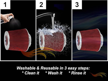 RED 3.5" 89 mm Inlet Truck Air Cone Replacement Performance Washable Clamp-On Dry Air Filter (8" Tall)