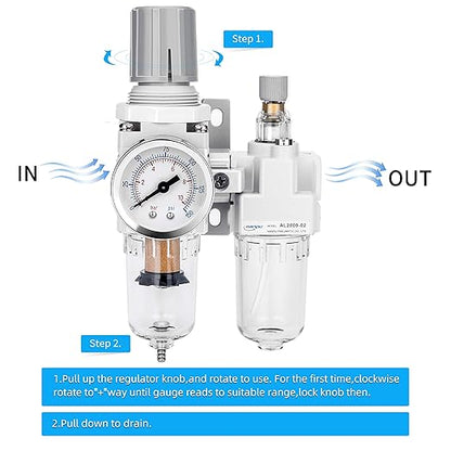 NANPU 1/4" NPT Compressed Air Filter Regulator Lubricator Combo Water/Oil Trap Separator - Gauge(0-150 psi), Poly Bowl, Semi-Auto Drain, Bracket - 3 in 1 Two Unit