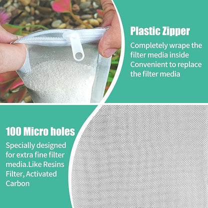 AQUANEAT Aquarium Filter Media Bags 15pcs Fish Tank Extra Fine 100 Micron Mesh Bags with Plastic Zipper for Activated Carbon (3" x 8")