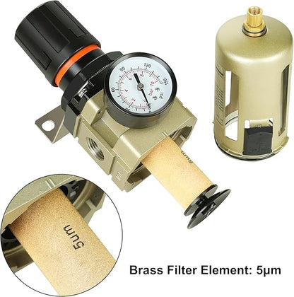 Hromee 1/2 Inch Compressed Filter Regulator Combo, Air Compressor Water Oil Trap Separator with Pressure Gauge, Semi-Auto Drain and Bracket