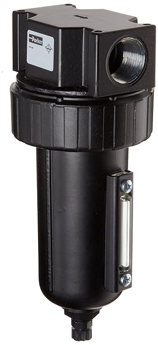 Parker 07F34AC Compressed Air Filter, Removes Particulate, Metal Bowl with Sight Gauge, Manual Drain, 40 Micron, 130 scfm, 1/2" NPT