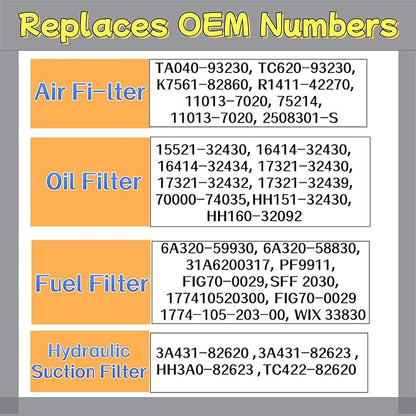 Filter Maintenance Kit TA040-93230 HH164-32430 6A320-59930 HH3A0-82623 Air/Oil/Fuel/Hyd Fit for K-bota L3800 L3700SU L3400 L3200 L2800 L2501 Tractors