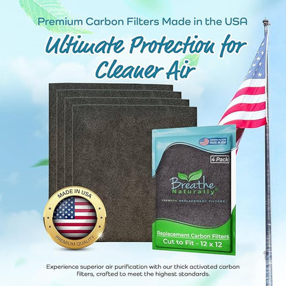 Breathe Naturally Universal Cut To Fit Carbon Activated Air Filter - Replacement Charcoal Filters - Pre Filter Carbon Sheet for Air Purifier, Vent Filters & More - Made in USA (Pack of 4, 12x12)