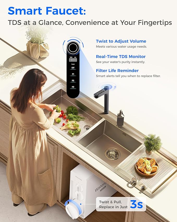 Waterdrop X12-Alkaline Mineral pH+ Tankless Reverse Osmosis System, NSF/ANSI 42&58&372 Certified, 1200 GPD RO Water Filter System, 11-Stage Filtration, 3:1 Pure to Drain, UnderSink, Black Faucet