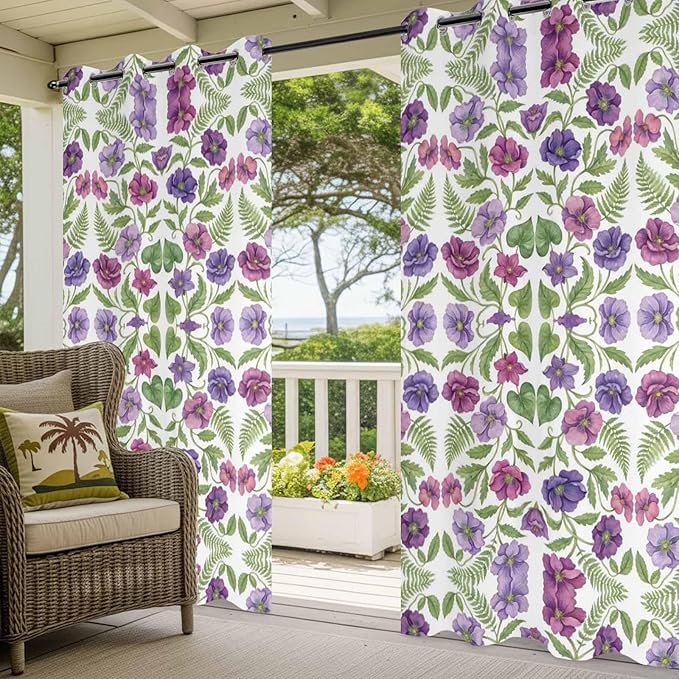 Flowers Outdoor Curtains for Patio Summer Floral Pastoral Farmhouse Plant Waterproof Outside Curtains with Grommet Top Weatherproof Curtain for Cabana Pergola Gazebo, 2 Pack, 54" W x 108" L