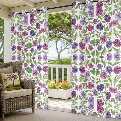 Flowers Outdoor Curtains for Patio Summer Floral Pastoral Farmhouse Plant Waterproof Outside Curtains with Grommet Top Weatherproof Curtain for Cabana Pergola Gazebo, 1 Panel, 54" W x 84" L