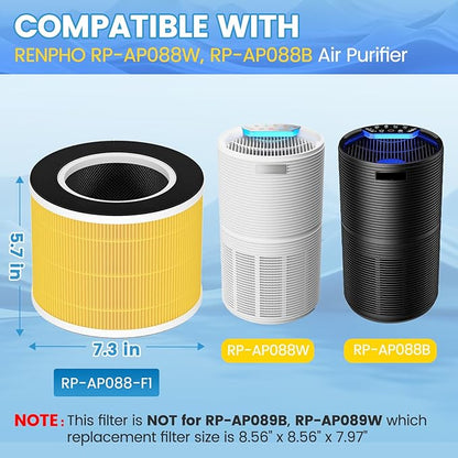 RP-AP088-F1 Replacement Filter Compatible with RENPHO RP-AP088W, RP-AP088, RP-AP088B Air Purifier, 5-Stage High-Efficiency Filtration, Compared Part #RP-AP088-F1, 2 PACK