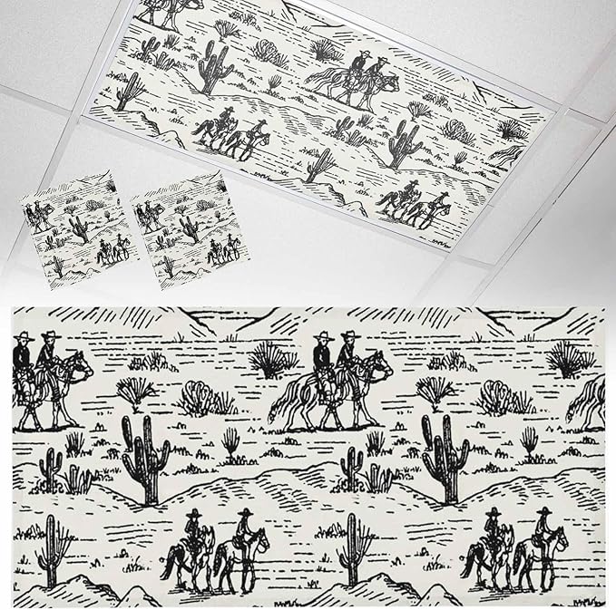 2 Pack Fluorescent Light Cover, Western Cowboys Light Covers for Ceiling Lights, Vintage Desert Canyon Cactus Horseshoe Magnetic Lights Filters Ceiling Shade for Classroom/Office - 4 x 2 Feet