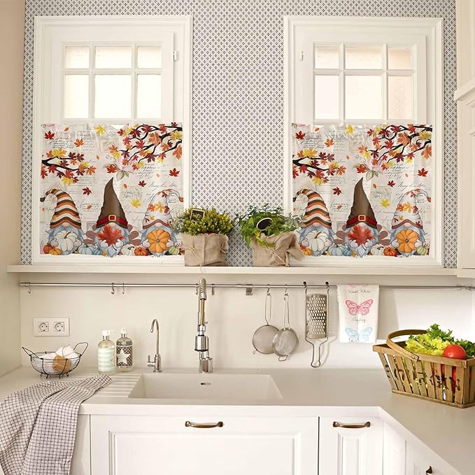 Fall Gnomes Kitchen Curtain Set, Thanksgiving Maple Leaf Rustic Pumpkin Window Valance and Tiers 24" Length, Light Filtering Short Curtains Valance for Cafe Bathroom Bedroom 54"x18"