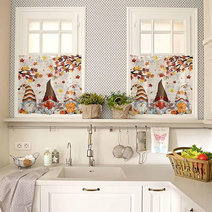 Fall Gnomes Kitchen Curtain Set, Thanksgiving Maple Leaf Rustic Pumpkin Window Valance and Tiers 24" Length, Light Filtering Short Curtains Valance for Cafe Bathroom Bedroom 54"x18"