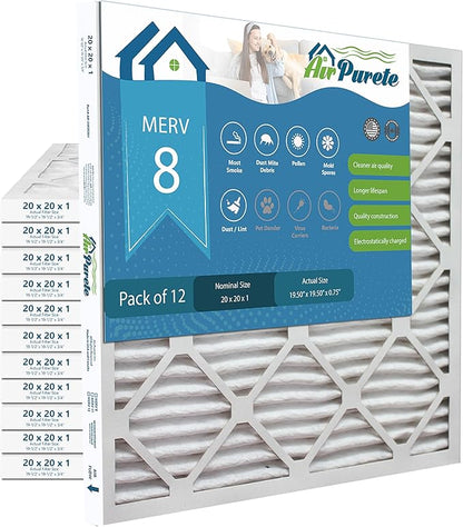 20x20x1 Air Filters | AirPurete AP-3M20201 HVAC AC Furnace Air Filters | Actual Size: 19.50" x 19.50" x 0.75" | MERV 8, MPR 600 (Pack of 12)