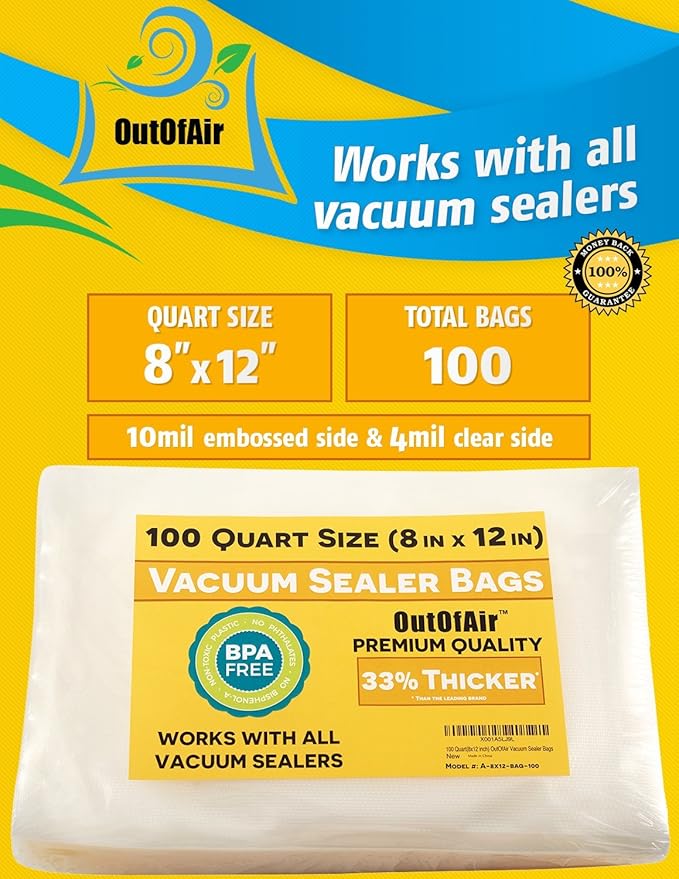 100 Vacuum Sealer Bags: Quart Size (8" x 12") by OutOfAir Works With FoodSaver & Other Machines - 33% Thicker BPA Free, Commercial Grade, 8 x 12 inches