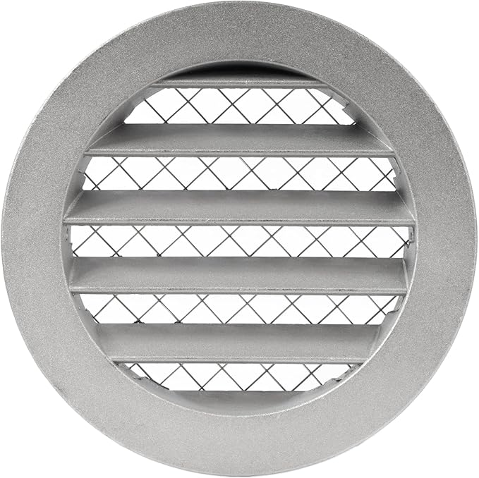 4" Gray Vent Cover - Aluminum - Industrial Round Air Vent Louver - Metal Soffit Vent with Screen - Mesh - Round Vent Grille for House Or Garage Wall- (4" Inch, Gray)