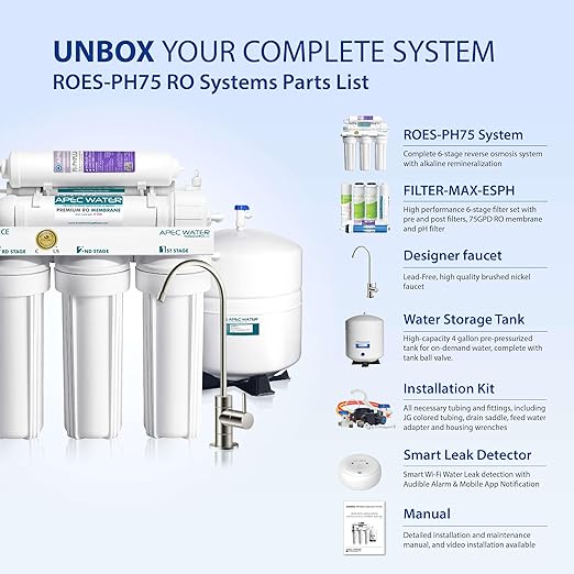 APEC WATER | Reverse Osmosis Water Filter, Alkaline 6-Stage RO System, pH+ Remineralization for Natural Spring Taste, Under Sink Filter WQA Certified Removes 1K+ Impurities, 75 GPD - Smart ROES-PH75LD
