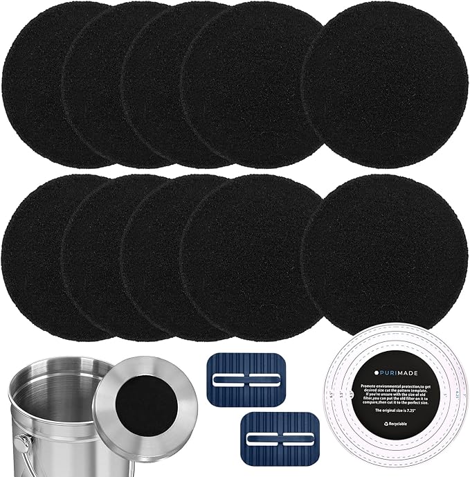 PURIMADE 10Pack 7.25 Inch Charcoal Filters for Compost Bucket with Cutting Template & Trash Can Bag Holder Clip, Universal Size Compost Bin Filter, Compost Filters for Countertop Bin