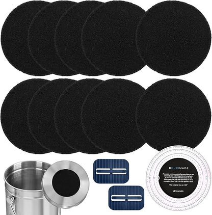 PURIMADE 10Pack 7.25 Inch Charcoal Filters for Compost Bucket with Cutting Template & Trash Can Bag Holder Clip, Universal Size Compost Bin Filter, Compost Filters for Countertop Bin