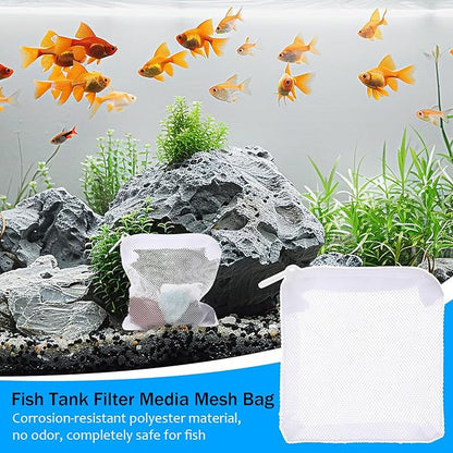 15Pcs Aquarium Filter Media Bags, Mini Fish Tank Media Mesh Filter Bags Reusable for Activated Carbon,Filter Stones(4.3”×3.9”(White)