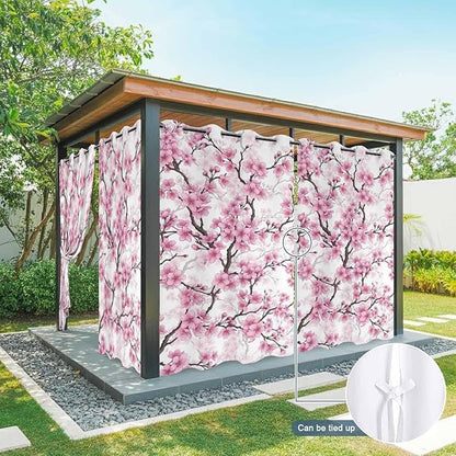 Cherry Flowers Outdoor Curtains for Patio Spring Flower Vintage Watercolor Waterproof Outside Curtains with Grommet Top Weatherproof Curtain for Cabana Pergola Gazebo, 2 Pack, 54" W x 95" L