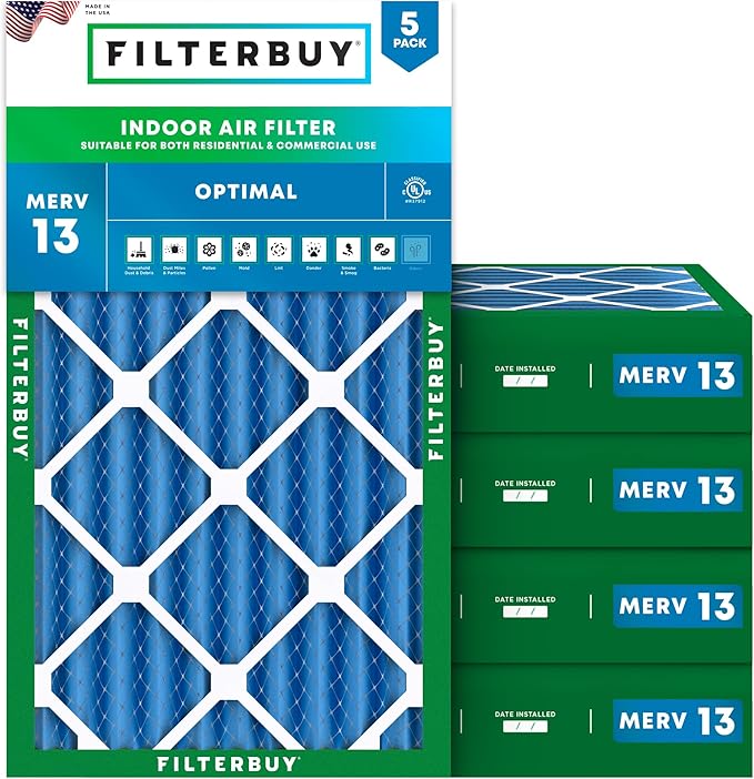 Filterbuy 16x30x4 Air Filter MERV 13 Optimal Smoke & Allergy Defense (5-Pack), Electrostatic Pleated HVAC AC Furnace Filters Replacement, Made in USA (Actual Size: 15.50 x 29.50 x 3.63)