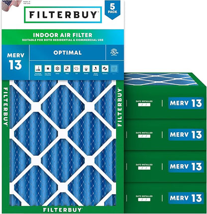 Filterbuy 16x30x4 Air Filter MERV 13 Optimal Smoke & Allergy Defense (5-Pack), Electrostatic Pleated HVAC AC Furnace Filters Replacement, Made in USA (Actual Size: 15.50 x 29.50 x 3.63)