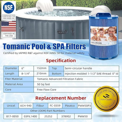 6CH-940 Spa Filter Replaces PWW50P3 Replacement Filter Filbur FC-0359, Aber Hot Tubs 03FIL1400, Waterway 817-0050 PWW50-Certified with NSF50 for Material Safety, 50 Sq.ft 2Pack