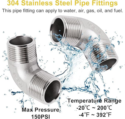 3/4" x 3/4" NPT 90 Degree Elbow 304 Stainless Steel Pipe Fittings Male Threaded Coupler, 2 Pack