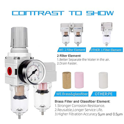 NANPU 1/4" NPT Air Dryer System - 5 Micron Particulate Filter, 0.5 Micron Coalescing Filter & Air Pressure Regulator, Water Trap Separator - Semi-Auto Drain,0-150 psi Gauge, Poly Bowl, Metal Bracket