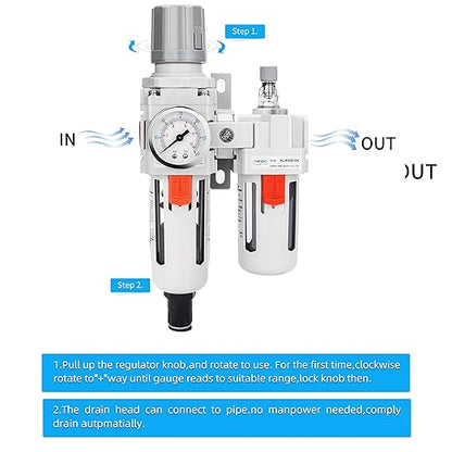 NANPU 1/2" NPT Auto-Drain Air Filter Regulator Lubricator Combo (FRL) Water/Oil Trap Separator - Gauge(0-150 psi), 5 Micron Brass Element, Poly Bowl, Metal Bracket