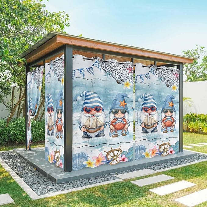 Ocean Gnome Outdoor Curtains for Patio Summer Marine Plumeria Shell Wood Blue Waterproof Outside Curtains with Grommet Top Weatherproof Curtain for Cabana Pergola Gazebo, 2 Pack, 54" W x 108" L