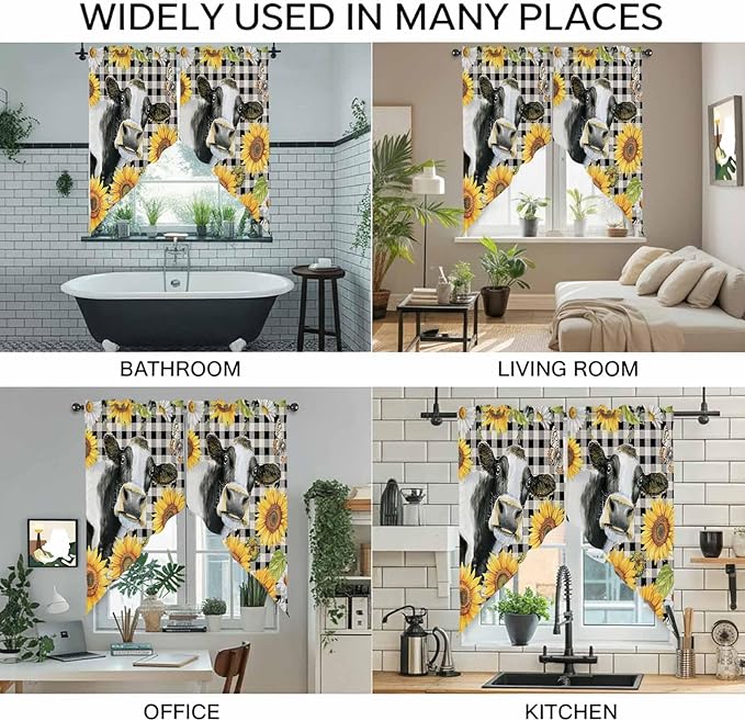Retro Sunflowers Swag Valances for Windows, Farmhouse Floral Cow Butterfly Black Plaid Rod Pocket Kitchen Curtains Valance, Kitchen Window Curtains Swag for Cafe Living Room, 2 Panels, 36x63 inch