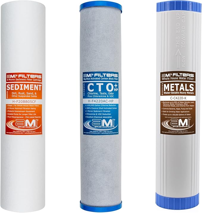 Applied Membranes Inc. 3-Stage Whole-House Water Filter Cartridge Replacements, 20-Inch Sediment, Carbon, and Heavy-Metal Filter Cartridges