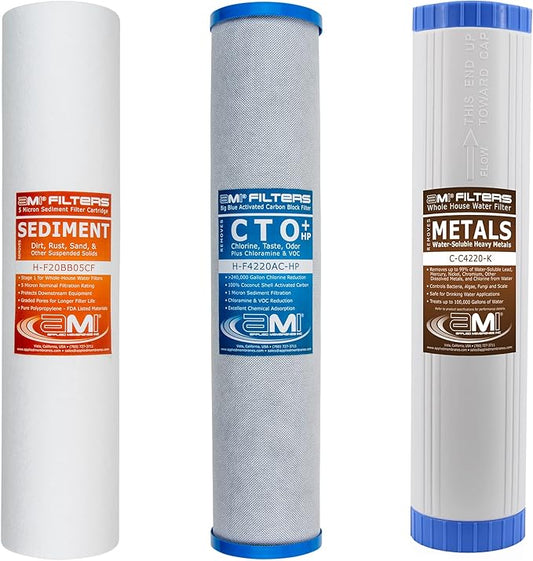 Applied Membranes Inc. 3-Stage Whole-House Water Filter Cartridge Replacements, 20-Inch Sediment, Carbon, and Heavy-Metal Filter Cartridges