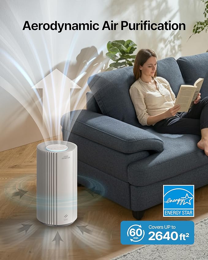 COWAY Air Purifier for Large Room Whole Home Up to 2,640 ft², HEPA Filter for Smoke, Allergen, Pet Dander, Odor, PM 10 AQI, Turbo Eco Mode, Timer, Energy Star, 3yr Warranty, Airmega 350 White