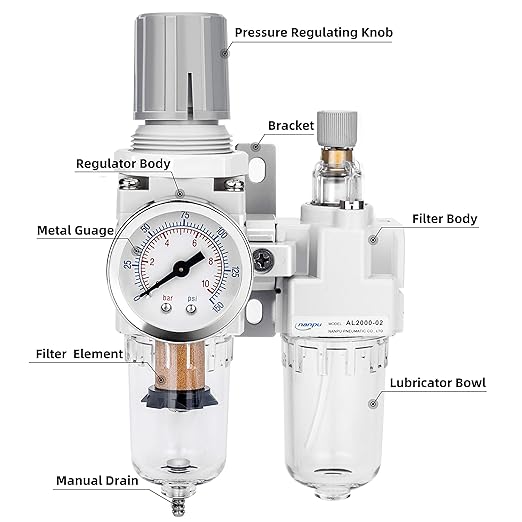 NANPU 1/4" NPT Compressed Air Filter Regulator Lubricator Combo Water/Oil Trap Separator - Gauge(0-150 psi), Poly Bowl, Semi-Auto Drain, Bracket - 3 in 1 Two Unit
