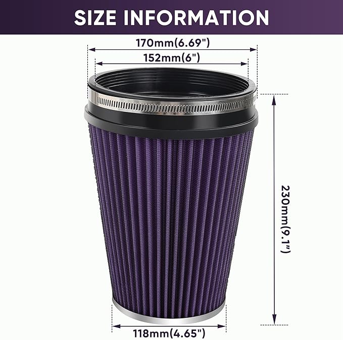 6" 152mm Cold Air Intake Filter Clamp-On Replacement High Flow Inlet Air Filter High Performance Washable Cone Filter 9" Tall Purple
