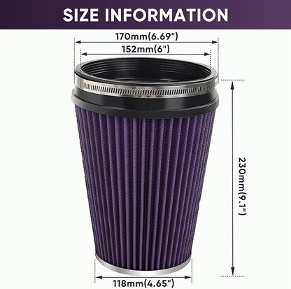 6" 152mm Cold Air Intake Filter Clamp-On Replacement High Flow Inlet Air Filter High Performance Washable Cone Filter 9" Tall Purple